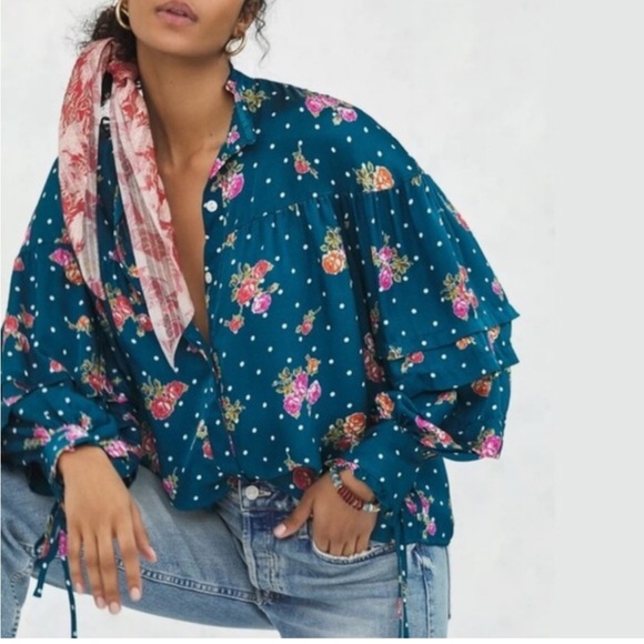 Anthropologie Tops - Anthropologie Teal Floral Blouse Pink Floral Print & Polka Dots Size Medium